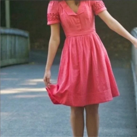 Maeve Anthropologie Coral 100% Cotton Swiss Dotted Belted Short Sleeve Dress 4 - Picture 2 of 8